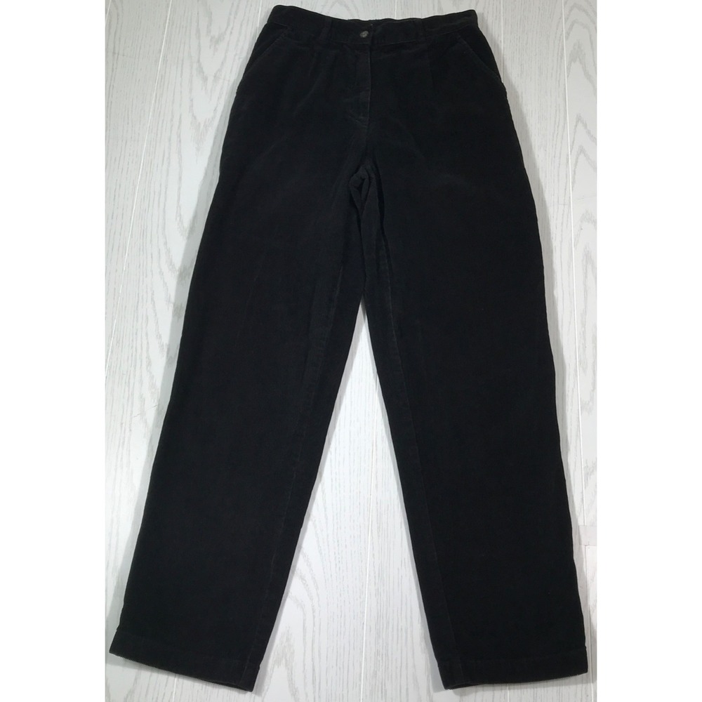 L.L. Bean Pleated Corduroy Pants Women 6 Black High Rise Cotton Blend Stretch
